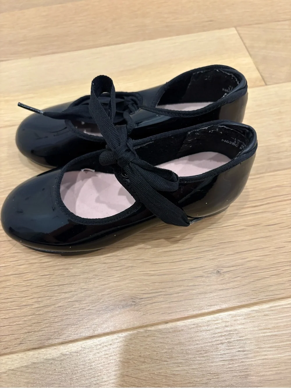 Capezio Black Patent Tap Shoes with Elastic and Ribbon Tie